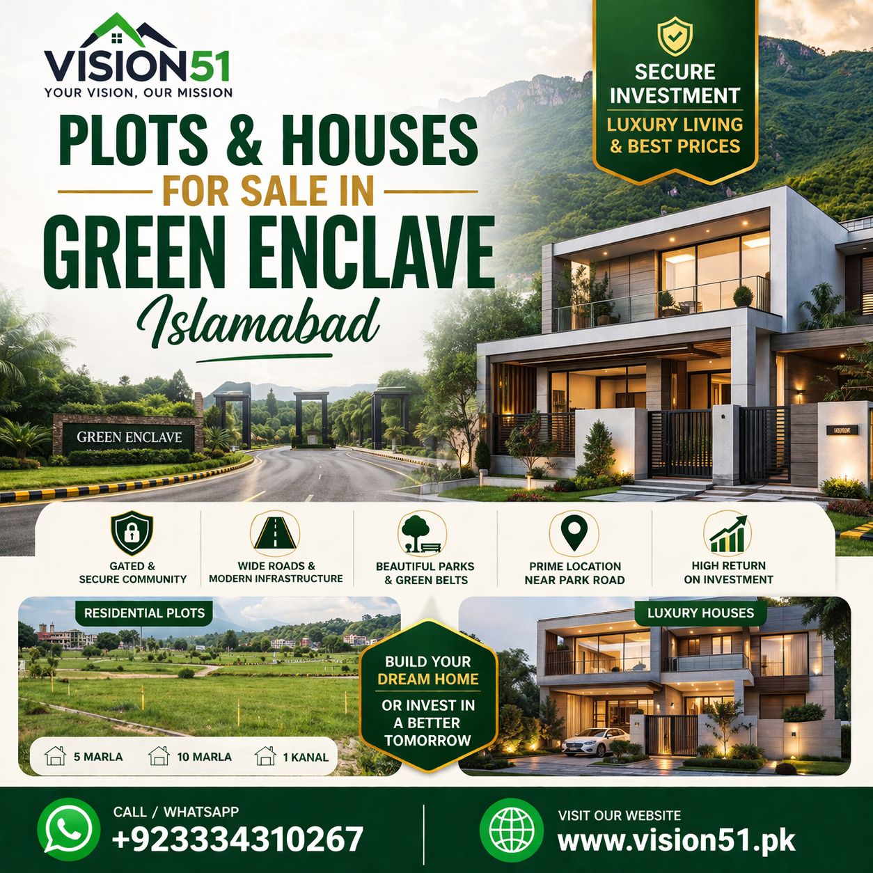 Plots and houses for sale in Green Enclave Islamabad featuring luxury homes, residential plots, secure gated community, and modern infrastructure with Vision51